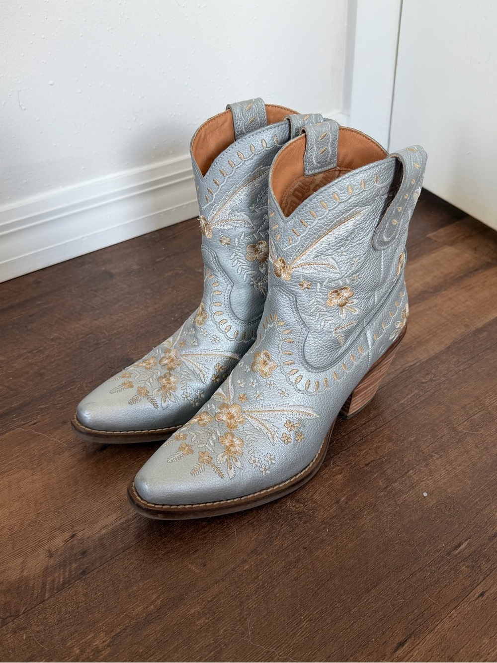 dingo Metallic Silver Ankle Boots with Gold Floral Embroidery